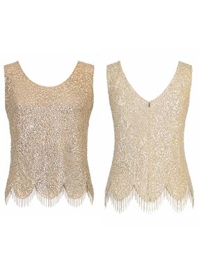 NWT Vintage 60s Cream Wool Sears Scallop Sequin Beaded Sleeveless Top